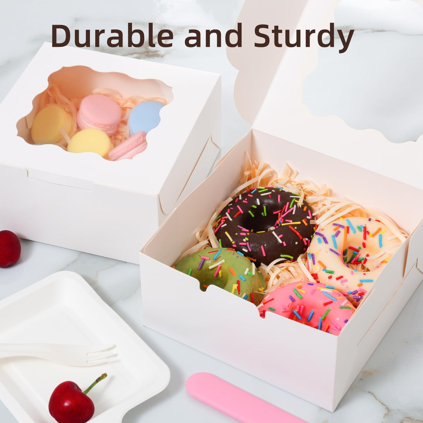 100 Pcs White Bakery Boxes with Window, 6x6x3 inches Cookie Boxes Macaroon Boxes Small Treat Boxes Mini Cake Boxes for Dessert, Pastry, Sturdy Take Out Container for Party Wedding Favor
