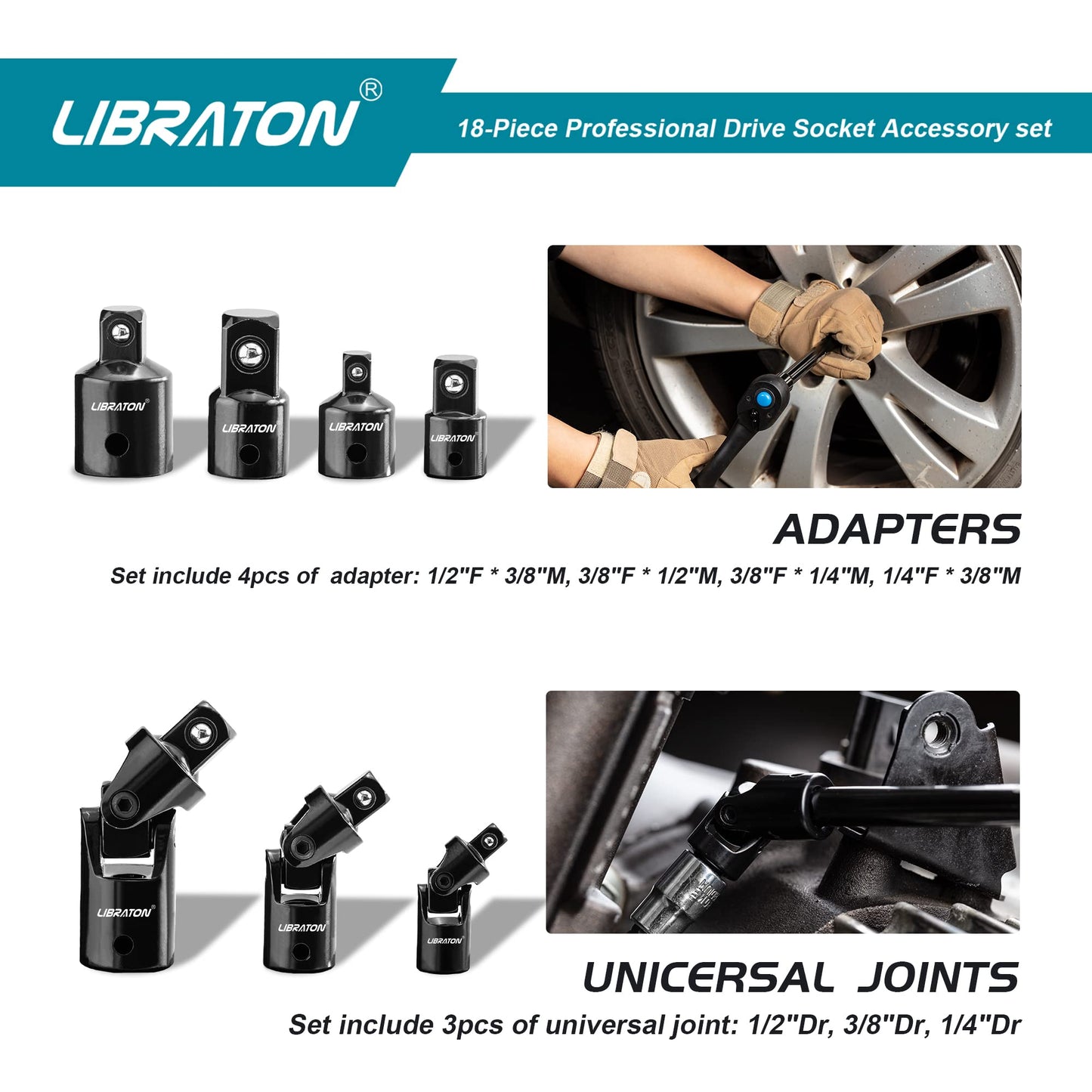 Libraton Socket Extension Set, Ratchet Extension Set, Extension Set 18PCs, Impact Extension Set, Socket Adapters, Swivel Sockets, Professional Drive Socket Accessories, 1/4 3/8 1/2