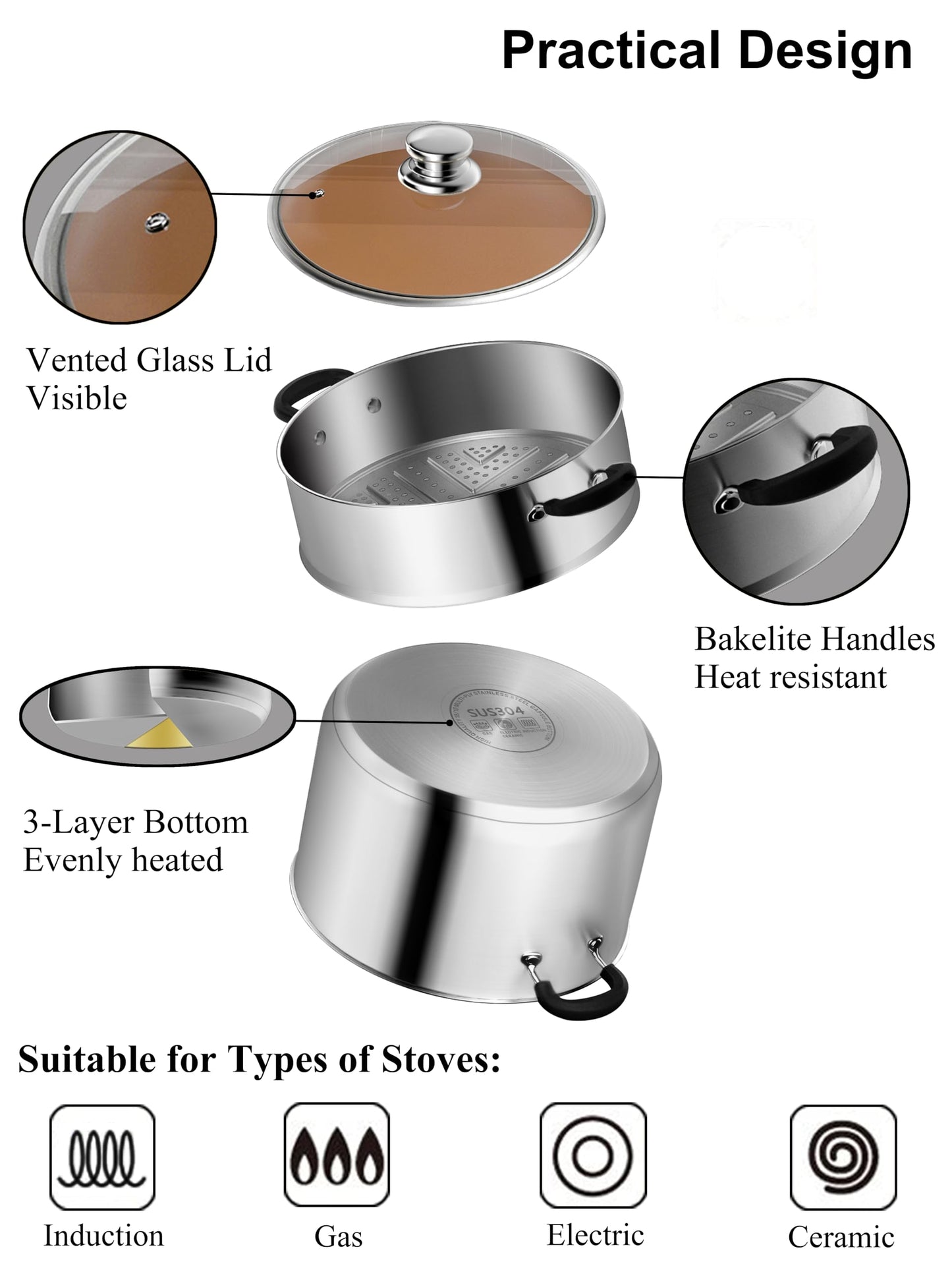VENTION Induction Steamer Pot for Cooking, 24cm Small Stainless Steel Vegetable Steamer Pot, Couscoussier 4.2 Liter