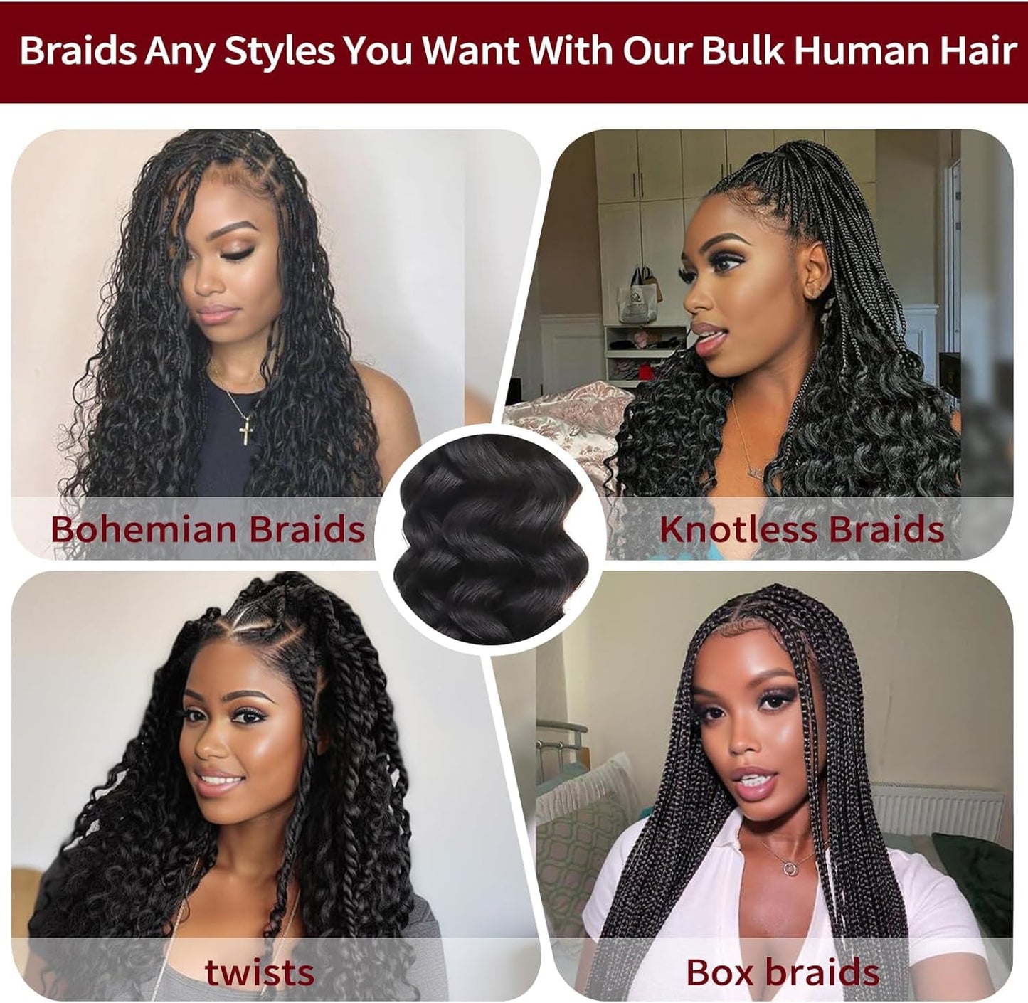 Datanala Human Braiding Hair 22Inch Deep Wave Human Hair Bulk for Braiding 2 bundles/100g 100% Unprocessed Virgin Wet and Wavy Human Hair Extensions for Boho Braids(1B#, 22inch-100g)