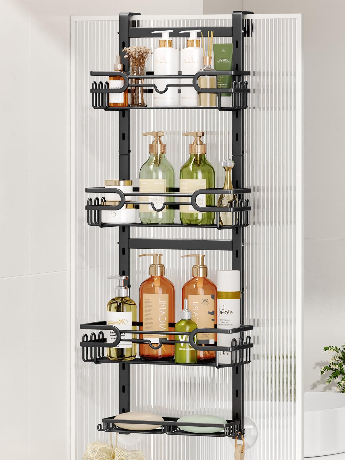 HapiRm Adjustable Shower Caddy Hanging - 4-Tier No Drilling Over The Door Shower Caddy, Rustproof Shower Organizer Hanging with 2 Soap Holders & 22 Hooks, Bathroom Shelves for Shampoo, Conditioner