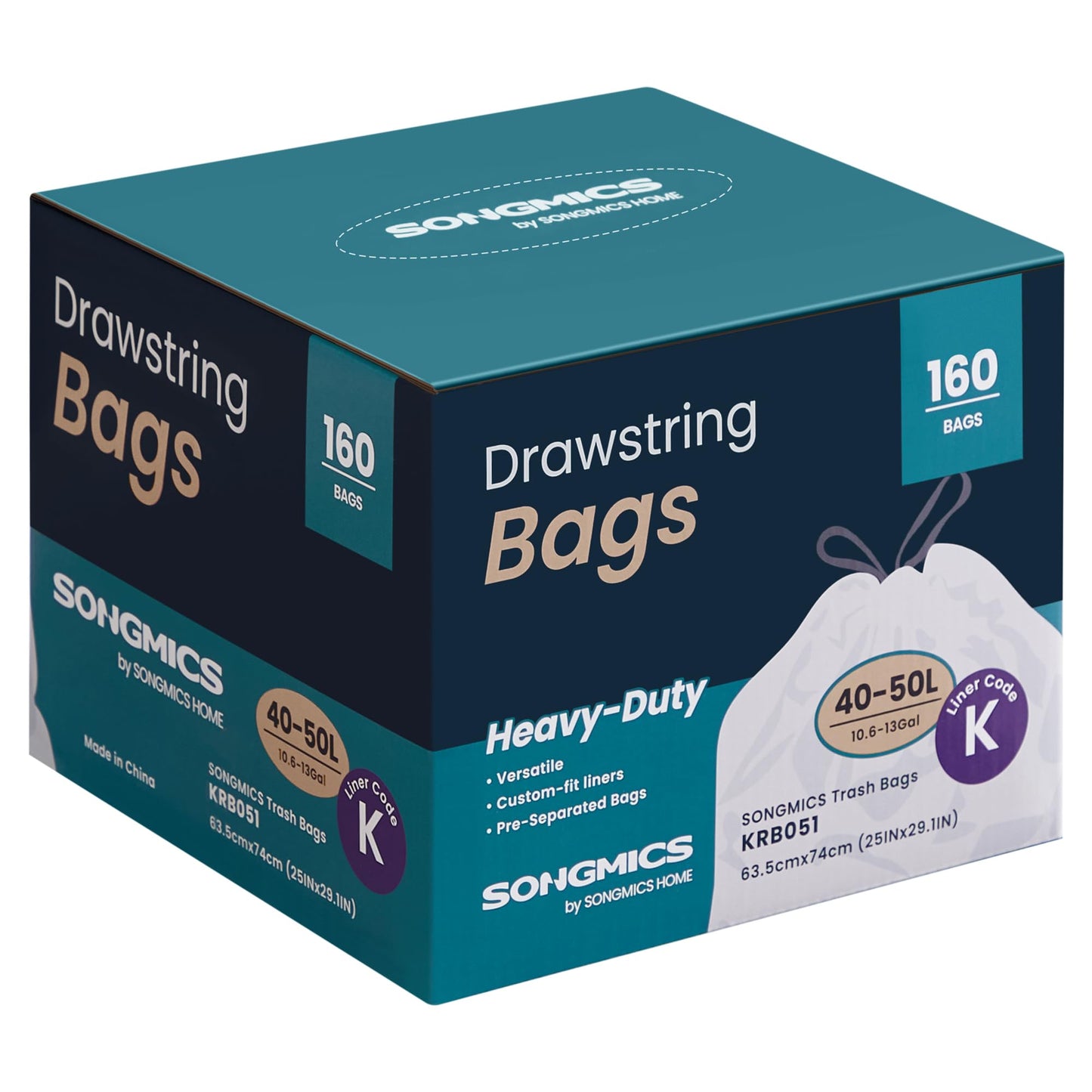 SONGMICS Trash Bags for 13-Gallon (50 L) Trash Cans, 160 Count, Drawstring Kitchen Garbage Bags, Quick-Dispense Box, Liner Code K, Cream White UKRB051A04