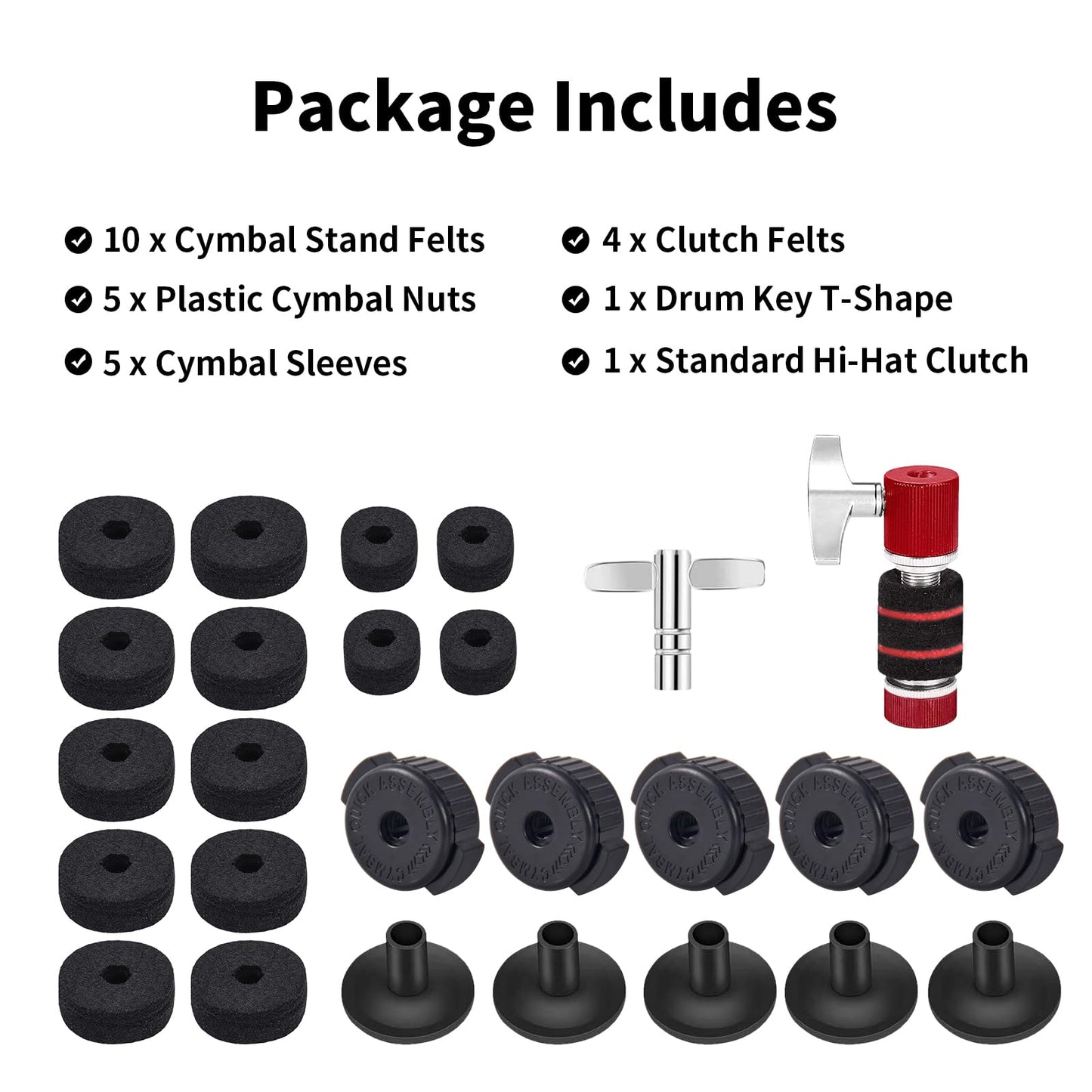 26PCS Cymbal Replacement Accessories, Standard Hi-Hat Clutch & Cymbal Stand Felts & Plastic Cymbals Nuts & Cymbals Sleeves & Clutch Felts and Drum Key T-Shape, Replacement for Drum Set