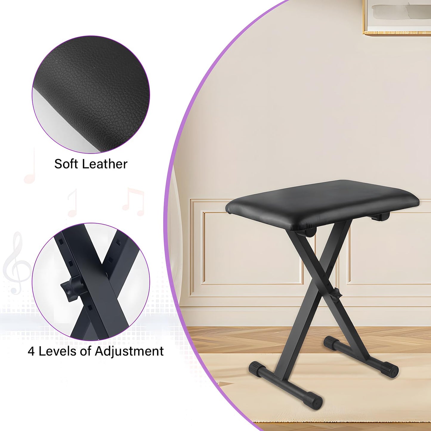 ASDJAKZP Keyboard Stand and Bench Set, Piano Keyboard Stand and Bench with Lockable Straps & Non-Slip Pads, Double-X Keyboard Stand Adjustable Digital Piano Stand and Bench, 7 Adjustable Heights (Black)