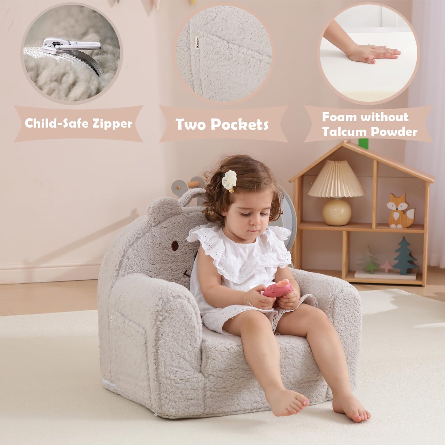 Kisdsa Toddler Chair,Sherpa Bear Toddler Couch Fold Out,Children Reading Chair,Flip Out Kids Couch,Kids Sofa Convertible for Age 1-3(Grey Bear)