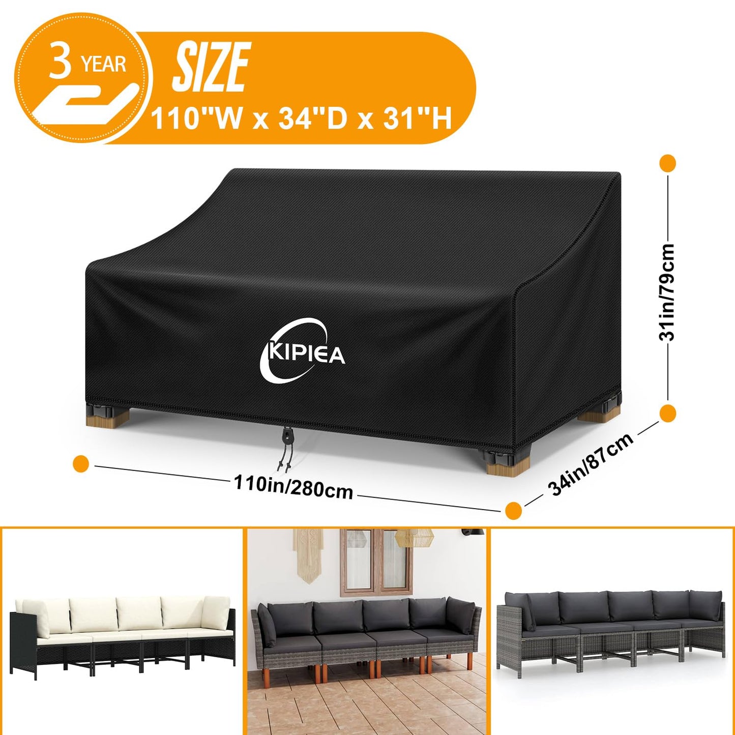 Kipiea Patio Sofa Cover, Heavy Duty 600D Outdoor Couch Cover Waterproof Winter, 3-Seat Patio Furniture Cover Loveseat, Outdoor Sofa Covers with Anti UV and No Tears, No Fading (110" W x 34" D x 31" H)