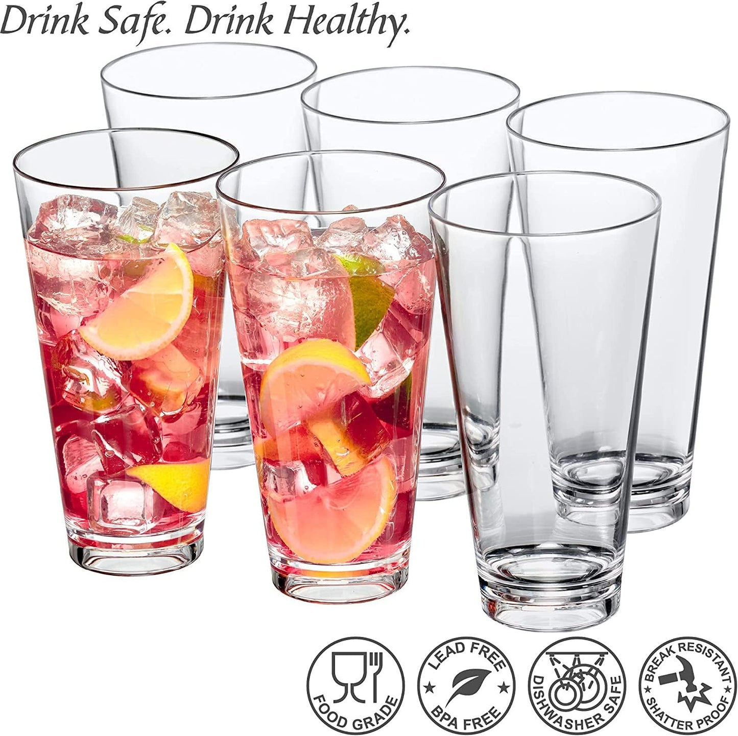 HUIRUMM Drinking Glasses 22 oz, Beer Pint Glasses Set of 6. Large Beer Pint Glass Capacity, Highball Glasses Water Glasses Glass Cups Cup Sets,Perfect for Cold Beverages, Soda, Water - Used in Bar