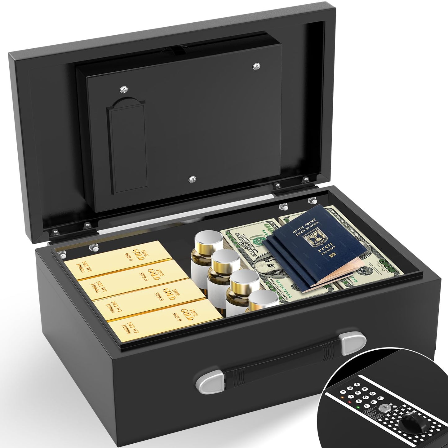GUVELI Portable Safe Box for Home with Alarm and Silent Modes, Digital Home Safes Money Safe Box with Hand Grip, Lock Box Storage Fireproof Document Box for Money Medicine Jewelry A4 Document