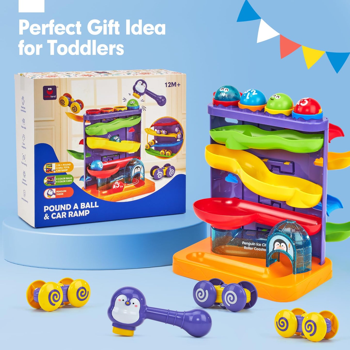 hahaland 2 in 1 Baby Toys 12-18 Months Development - Toddler Toys for 1 2 Year Old Boys Girls, Montessori Pound a Ball Hammer Toy, Toddler Car Ramp Toy for 1 2 Year Old Boy Girl Gifts 12M+