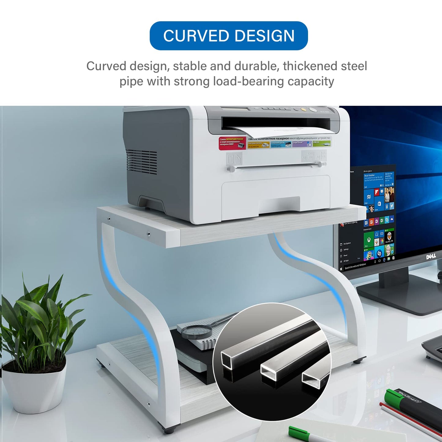 PUNCIA 2 Tier Wood Printer Stand with Storage Heavy Duty Desktop Shelf - Modern Minimalist Style Fits Laser Printers Copiers Fax Machines, Organizer for Home Office Dorm Small Spaces