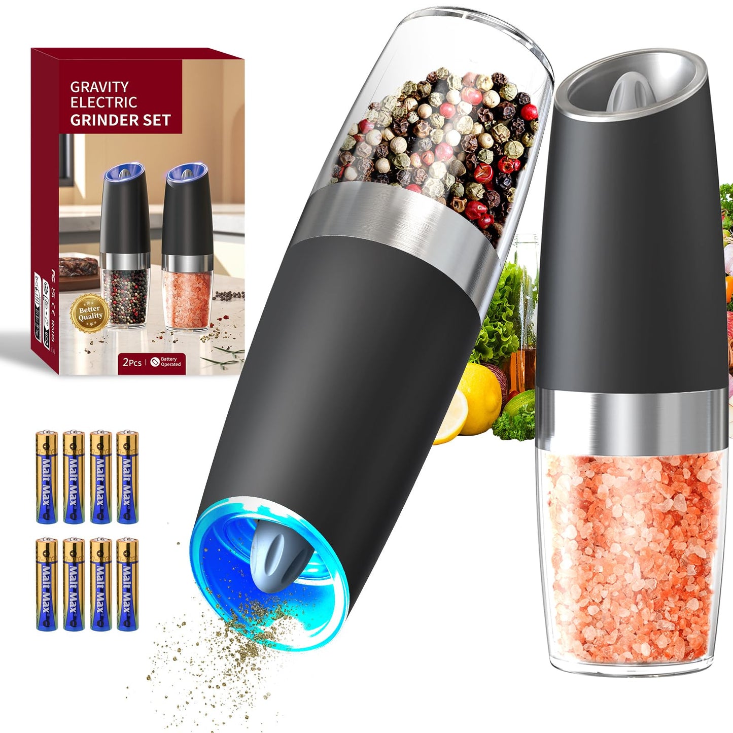 CIRCLE JOY Electric Gravity Salt and Pepper Grinder Set, Battery-Powered 135ml Refillable Automatic Salt and Pepper Shaker for Home, BBQ (Batteries Included), Adjustable Coarseness & LED Light