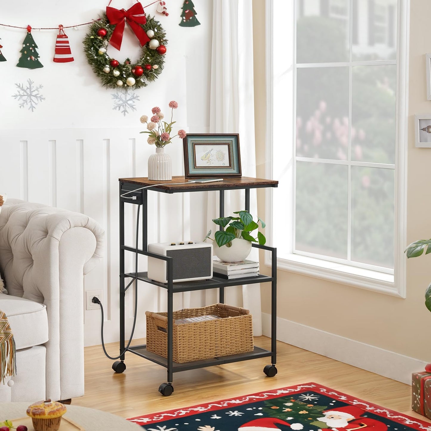 MAHANCRIS Mobile Printer Stand, 3-Tier Industrial Rolling Printer Storage Cart with Power Outlets and 2 USB Ports, Printer Table with Wheels for Home Office, Living Room, Rustic Brown PTHR78E01