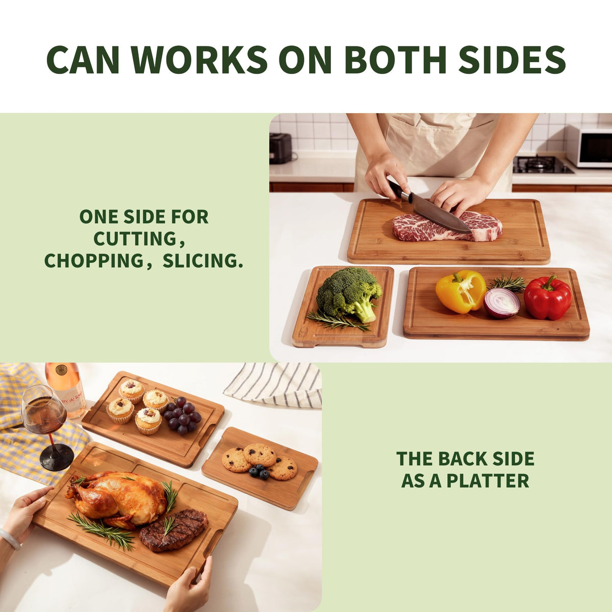 BAMBANG Bamboo Cutting Board, Dark Carbonized Chopping Boards Set of 3 with Stand, Butcher Block with Deep Juice Groove, Non-Toxic Wooden Cutting Boards for Kitchen Meal Prep & Serving