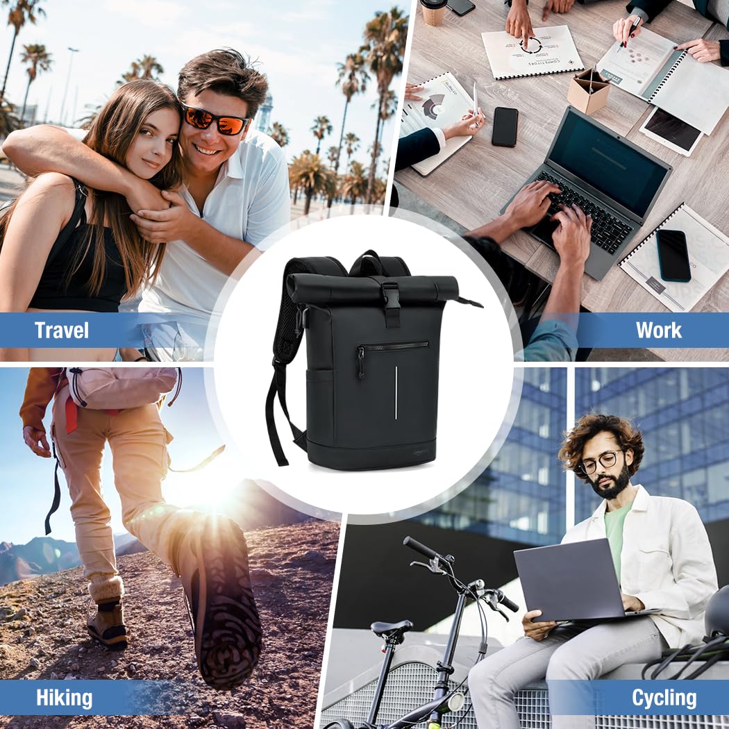 Lekeinchi Roll Top Backpack, Expandable Laptop Backpack with 17 Inch Compartments, Waterproof Travel Backpack for Men Women, Casual Daypack for School Work, Black(XL)
