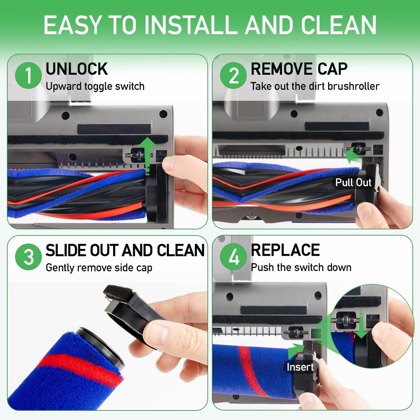 Upgrade Anti-Tangle Replacement Head for Dyson: V7 V8 V10 V11 V15 Motorized Vacuum Head with Green LED and Engineered Wheel - 60% Effortless Glide for Carpet & Hard Floor