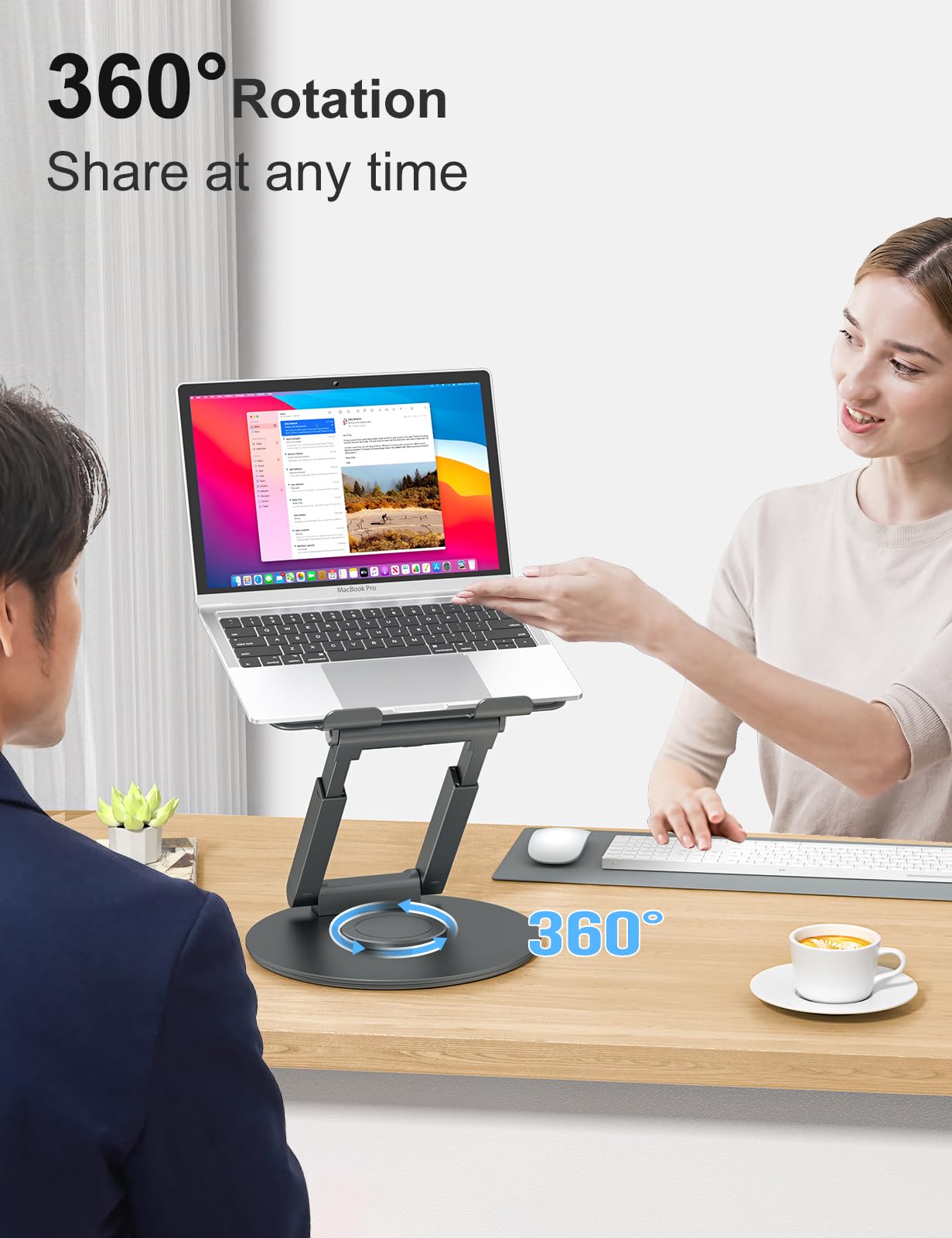 Tounee Telescopic Laptop Stand for Desk with 360° Swivel Base, Sit to Stand, Height Adjustable, Portable Riser Holder for Good Posture, Compatible with MacBook Pro, All Laptops 10-17"-Gray