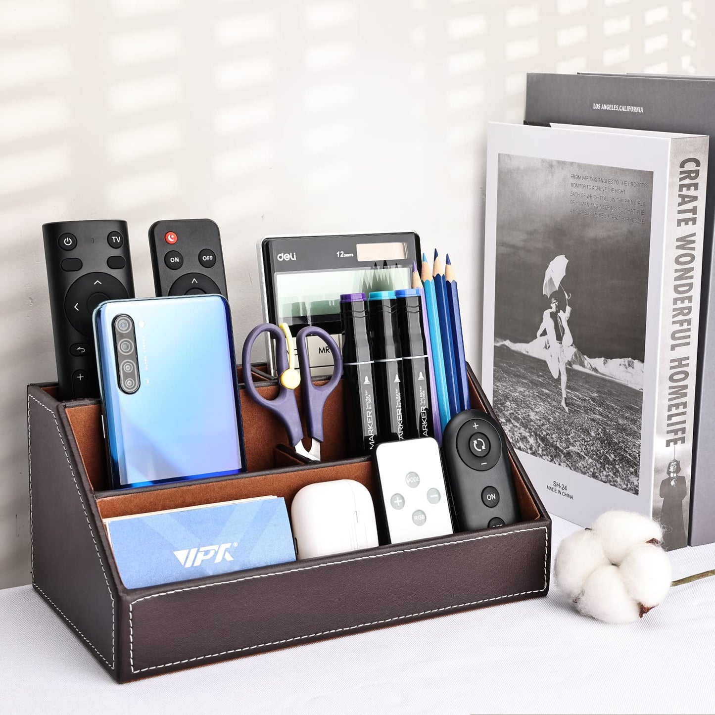 KINGFOM Leatherette Multi-Function Desk Organizer Storage Box, 5 Compartments Office Supplies Caddy, Pen/Pencil, Cell Phone, Business Name Cards, Note Paper, Remote Control Holder Organizer