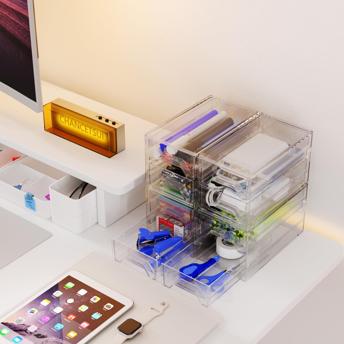 Clear Acrylic Desktop Organizer Drawers - Stackable Plastic Storage for Makeup, Craft Supplies, and Office Stationery - Transparent Vanity Cabinet & Aesthetic Desk Declutter Unit