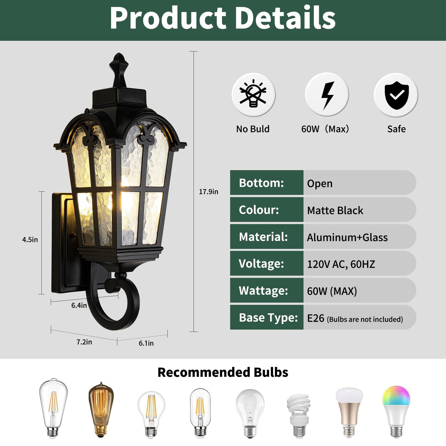 Outdoor Wall Light Fixtures Waterproof Porch Lights Anti-Rust Matte Black Exterior Lighting Fixtures Sconce Lights Outdoor Wall Lantern for Patio Front Door Garage