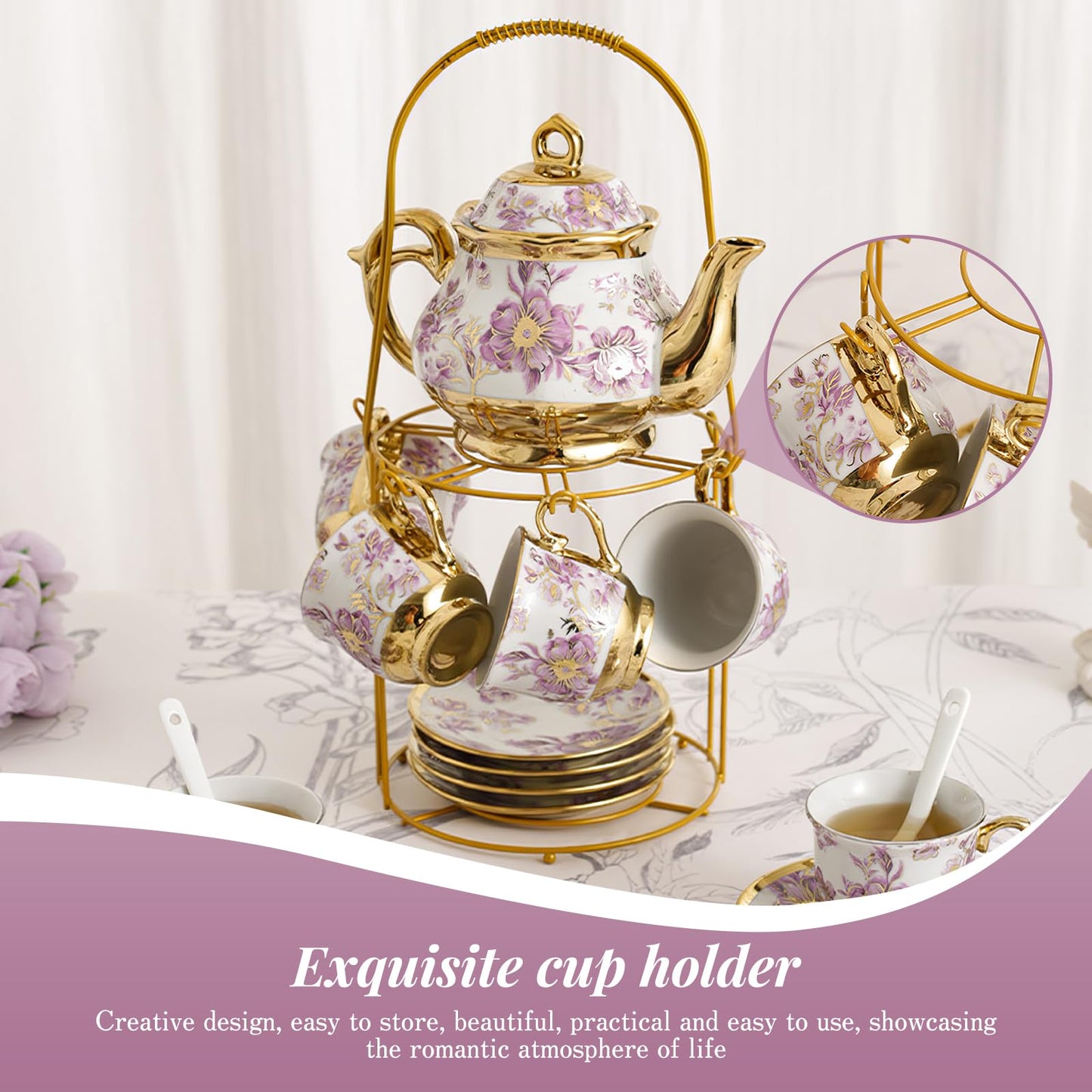 20Pcs Porcelain Tea Set for Adults, European Ceramic Tea Set Flower Ceramic Tea Cups (3oz), Teapot (15oz), & Saucers with Metal Holder for Women Tea Party (Purple)