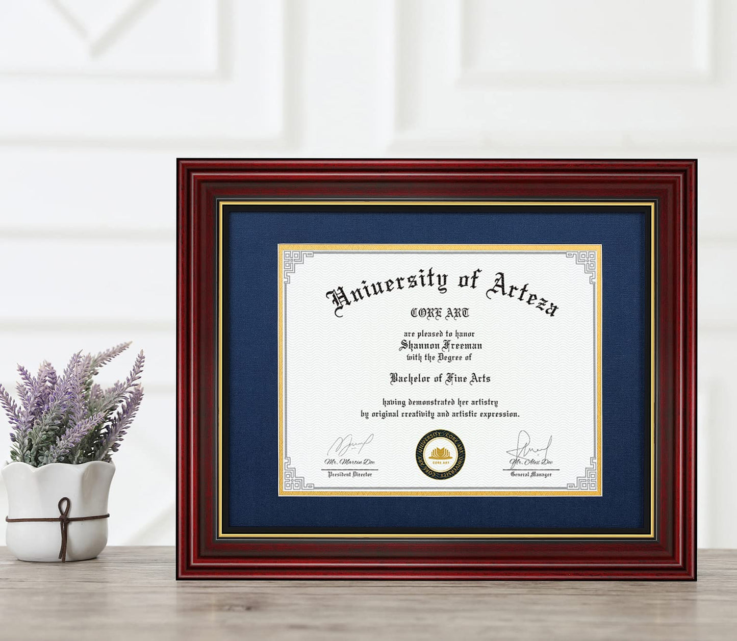 CORE ART 11x14 Diploma Frame Display Certificates 8.5 x 11 with Navy Mat or Documents 11 x 14 without Mat, College Degree Wooden Frame with Tempered Glass for Wall and Tabletop Display(Cherry Red)