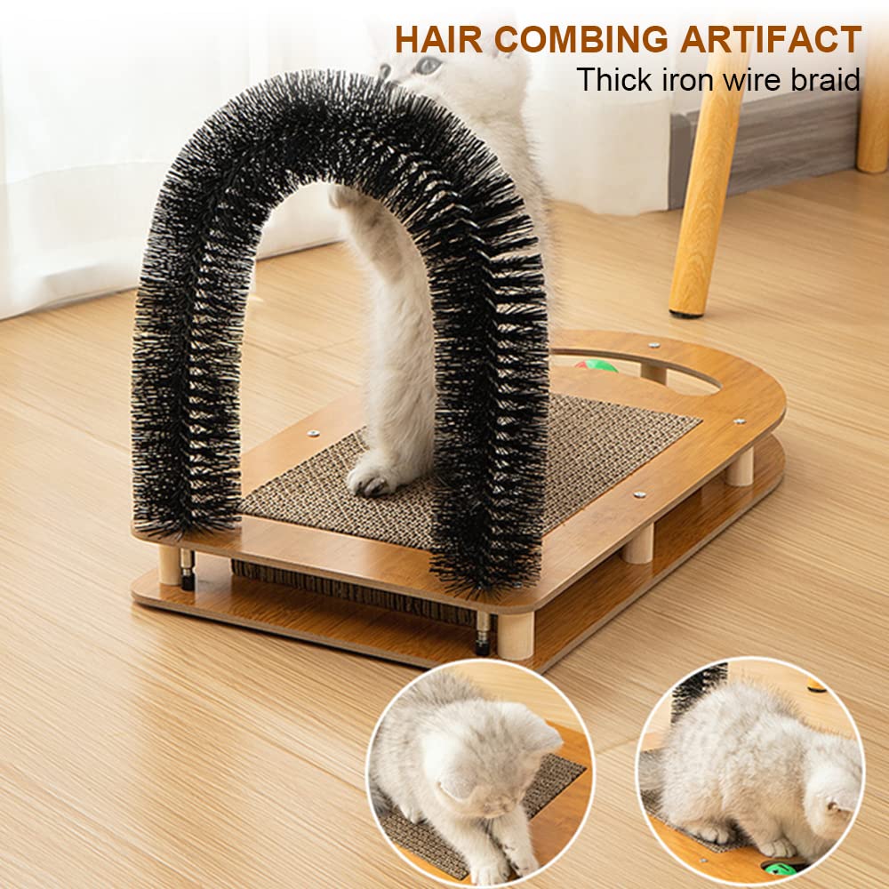 Cat Scratching Board with Cat Arch Self Groomer and Kitty Ball Toys, cat Scratcher Cardboard for Indoor Cats, Eco-Friendly Wood, Durable, Stable and Non-Slip, cat Scratcher Pad