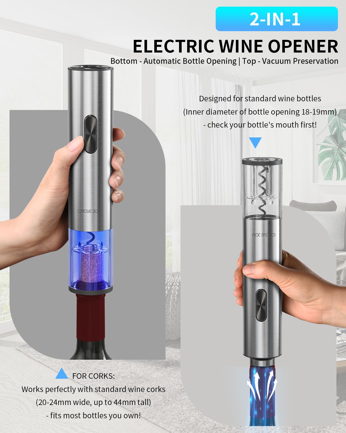 CIRCLE JOY Electric Wine Opener 7-in-1 Stainless Steel Rechargeable Electric Wine Bottle Opener Gift Set with Vacuum Pump, Foil Cutter, Wine Pourer, 2 Vacuum Stoppers & Charging Station