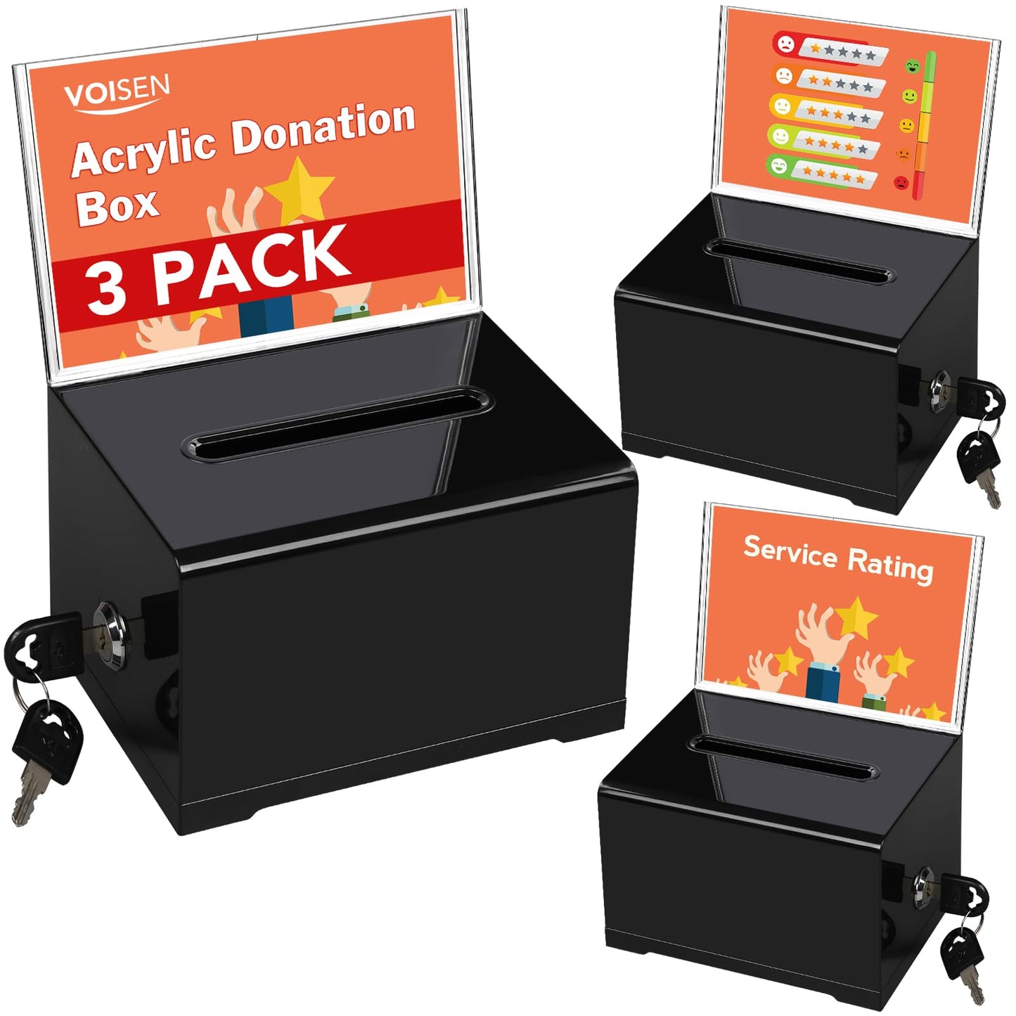 VOISEN Acrylic Donation Box with Lock, 3 Pack Black Ballot Box with Sign Holder, Tip Jar for Fundraising, Donation, Bar, School Voting, 6.2x4.6x3.9 Inch