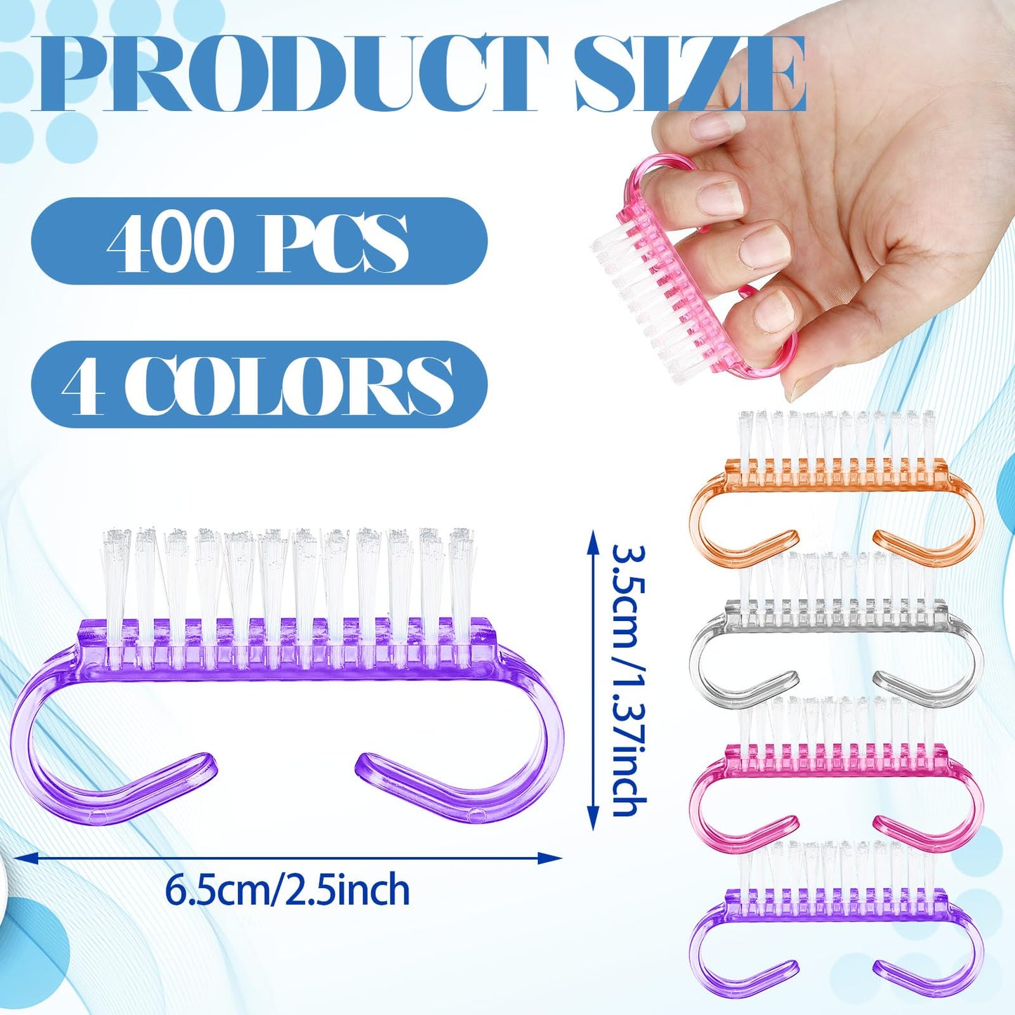 Bokon 400 Pcs Handle Grip Nail Brush Bulk Nail Scrub Brush Nail Brush for Toes and Nails Cleaner, Pedicure Scrubbing tool kit for Men and Women(Colorful)