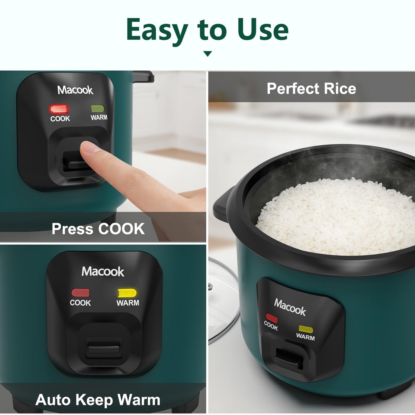 Macook Mini Rice Cooker 3-Cup, Small 0.6L One-Touch Rice Maker with Non-Stick Inner Pot, Automatic Keep Warm & Overheat Protection, Ideal for 1-6 People, Students & Small Families (Green)