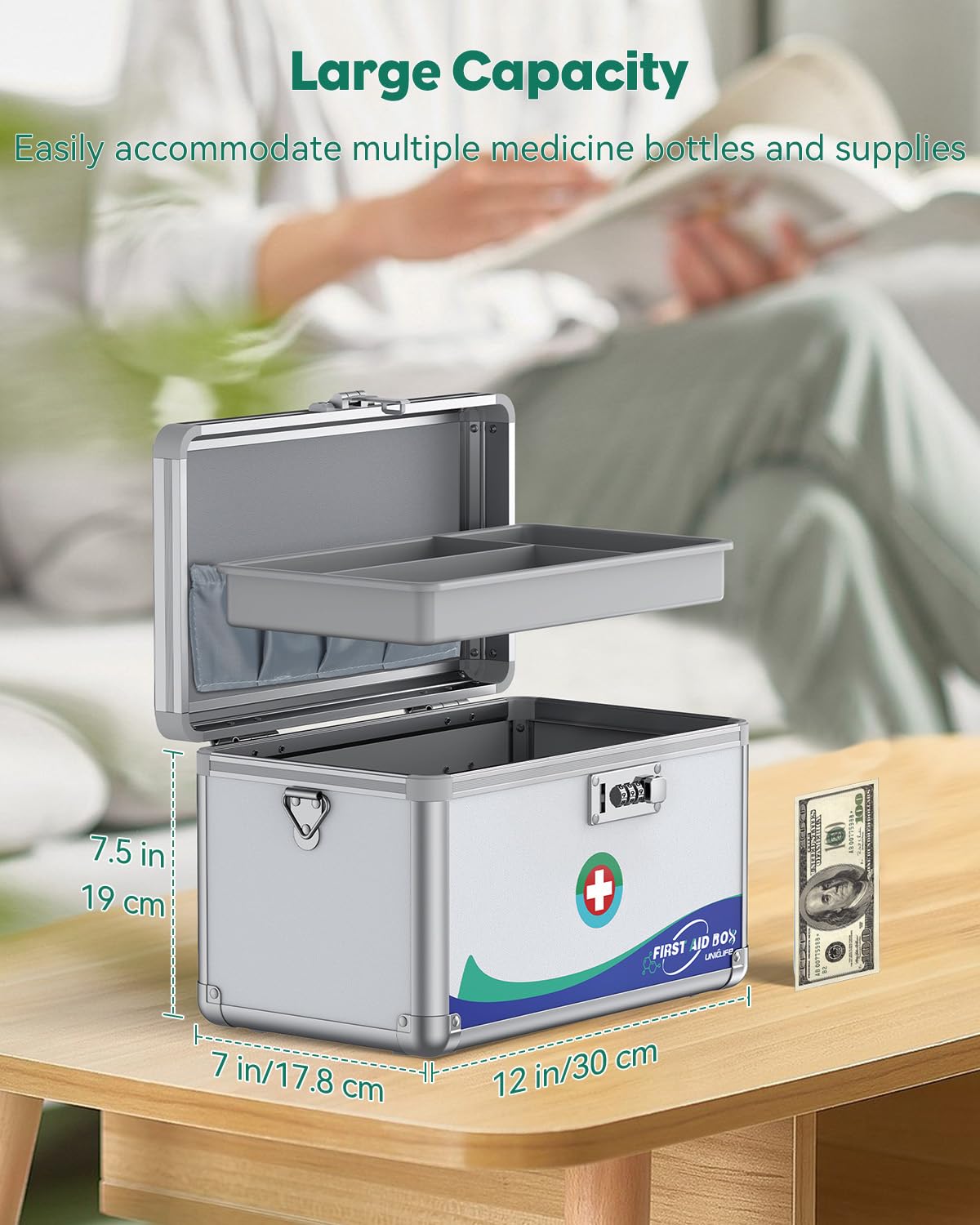 Uniclife Medicine Lock Box First Aid Box with Combination Lock, Handle & Shoulder Strap, Portable Medication Lock Box, 12" x 7" x 7.5" Silver Aluminum Alloy Storage Box