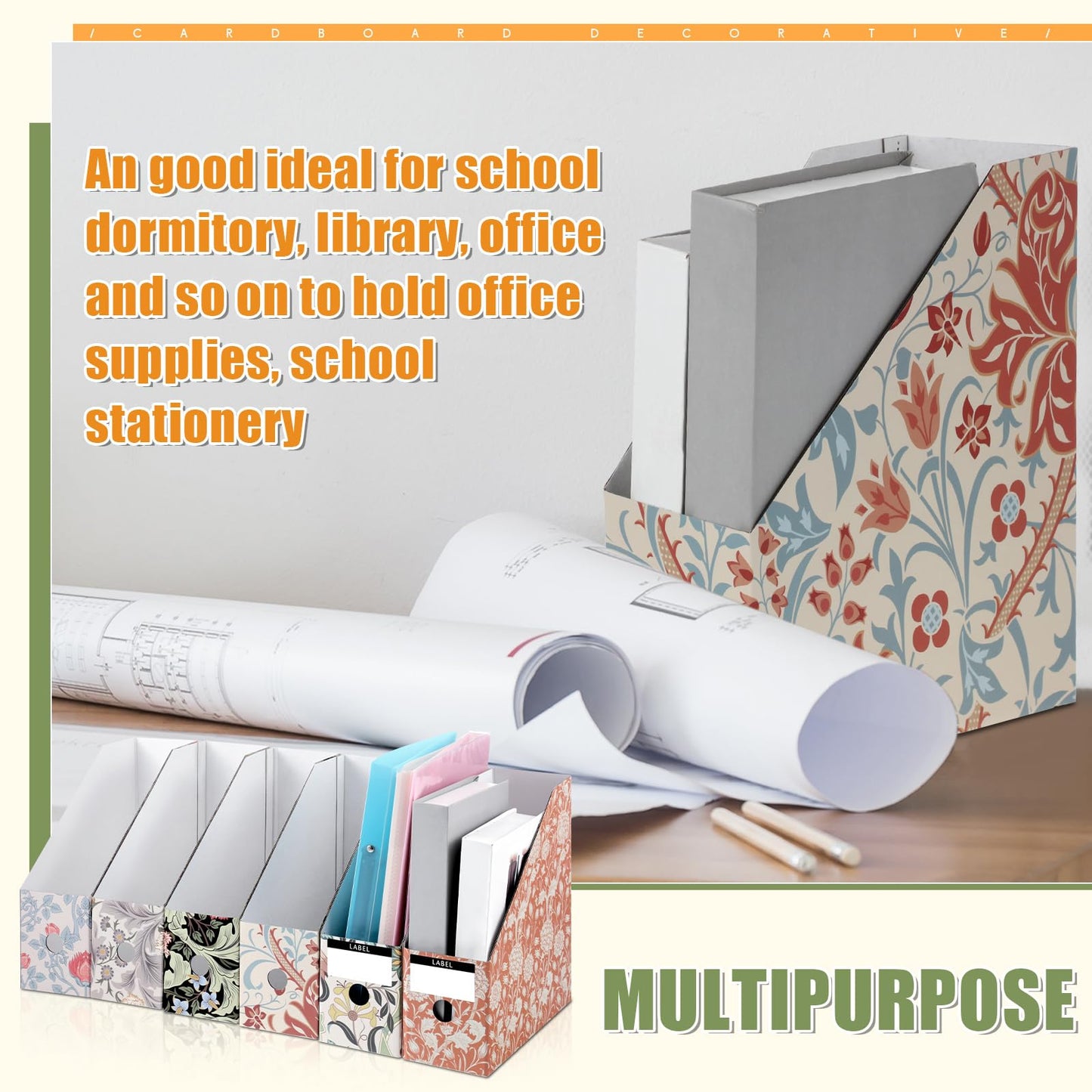 PerKoop 12 Pcs Decorative Magazine File Holders Floral Foldable File Folders Magazine Storage Boxes Rack Desk Organizer Documents with Printable Labels for School Office Home (Floral)