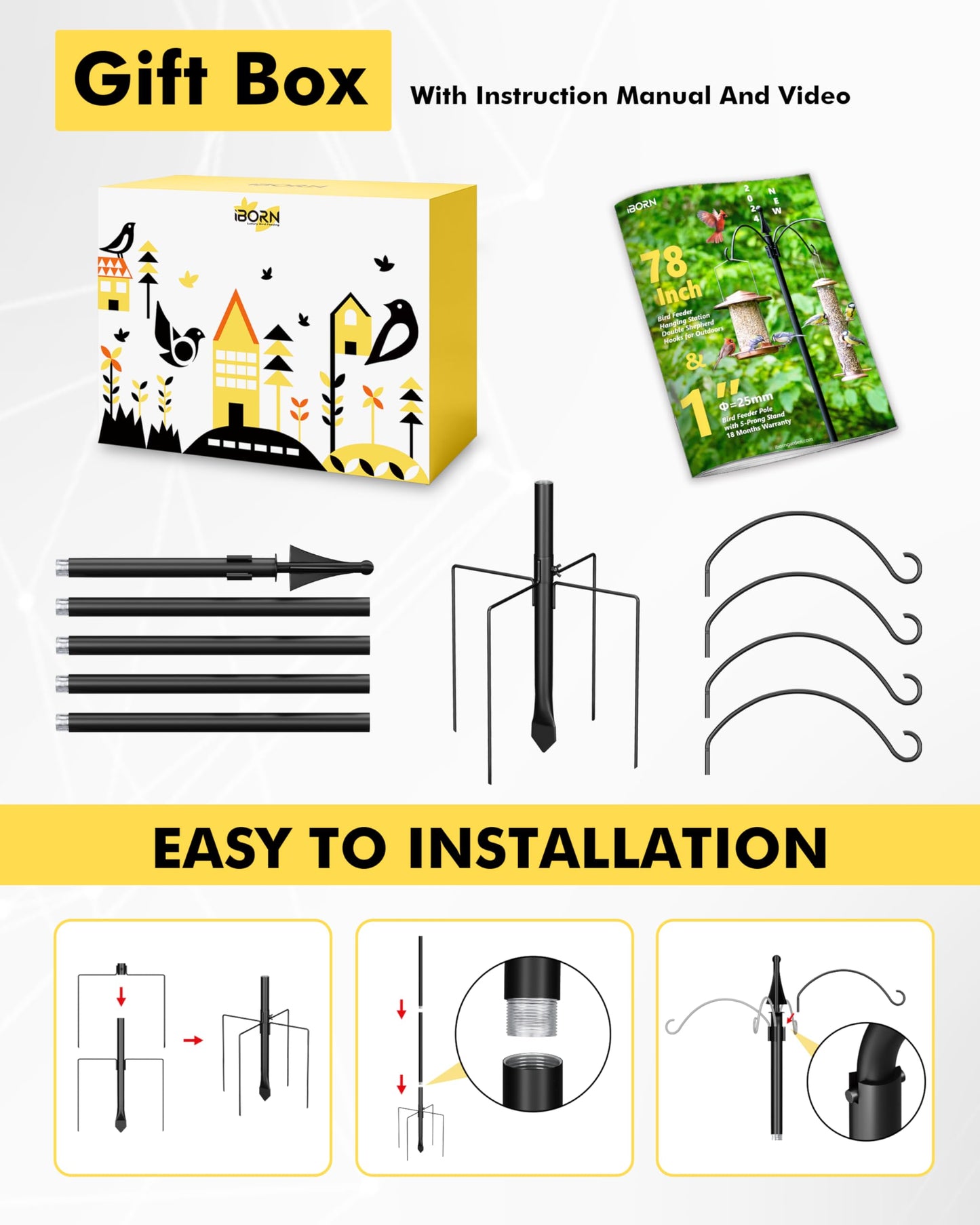 iBorn 1“ Thickness Shepherds Hooks for Outdoor Bird Feeder Pole 78" Height Wild Bird Feeder Stand Shepherds Hook for Hummingbird Feeder, 4 Top Hooks,5 Base Prongs (Feeders NOT Included)