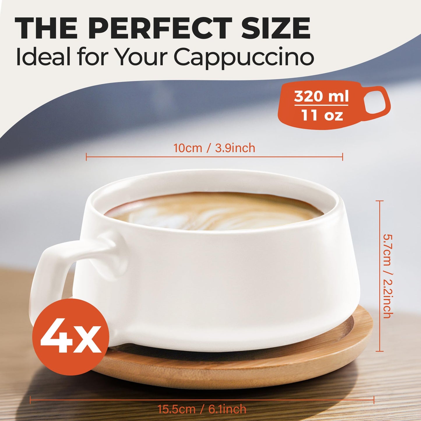 MIAMIO – 320 ml., Set of 4 Ceramic Tea Cup and Saucer Bamboo/Tea Mug - Wide Cappuccino Cup, Coffee Cups Ceramic Mug for Cappuccino, Latte, Espresso & Americano - Luxe Collection (White)