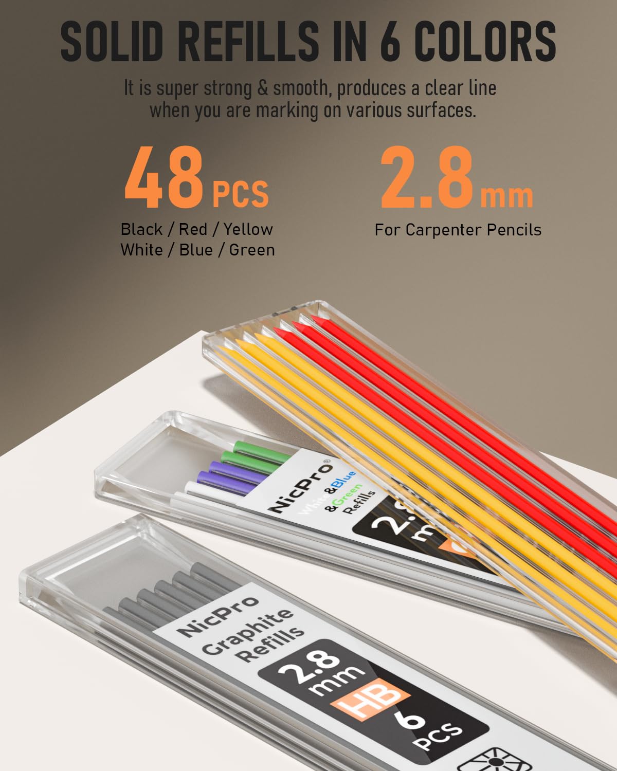 Nicpro 6 Pack Carpenter Pencil with Sharpener, Mechanical Pencils Set with 54 Refills (Red, Black, Yellow, White, Green, Blue), Deep Hole Marker Construction Heavy Duty Woodworking Pencils - With Case