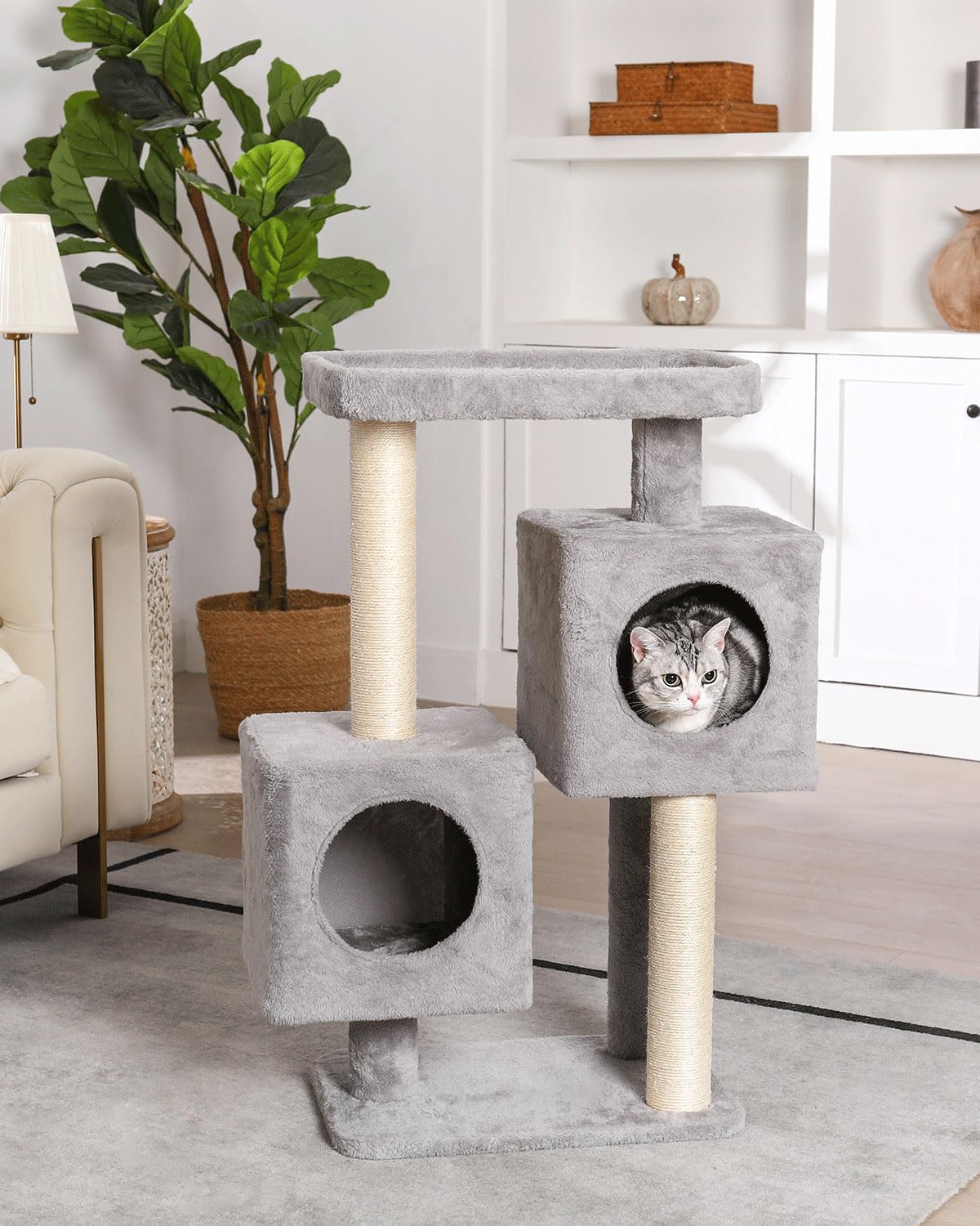 Cat Tree for Indoor Cats, Komicoll 36 Inch Tall Cat Tower with 2 Cat Condos and Large Plush Perch with Sisal Scratching Post,Pom poms Hanging Balls, Cat Climbing for Cats Indoor, Gray
