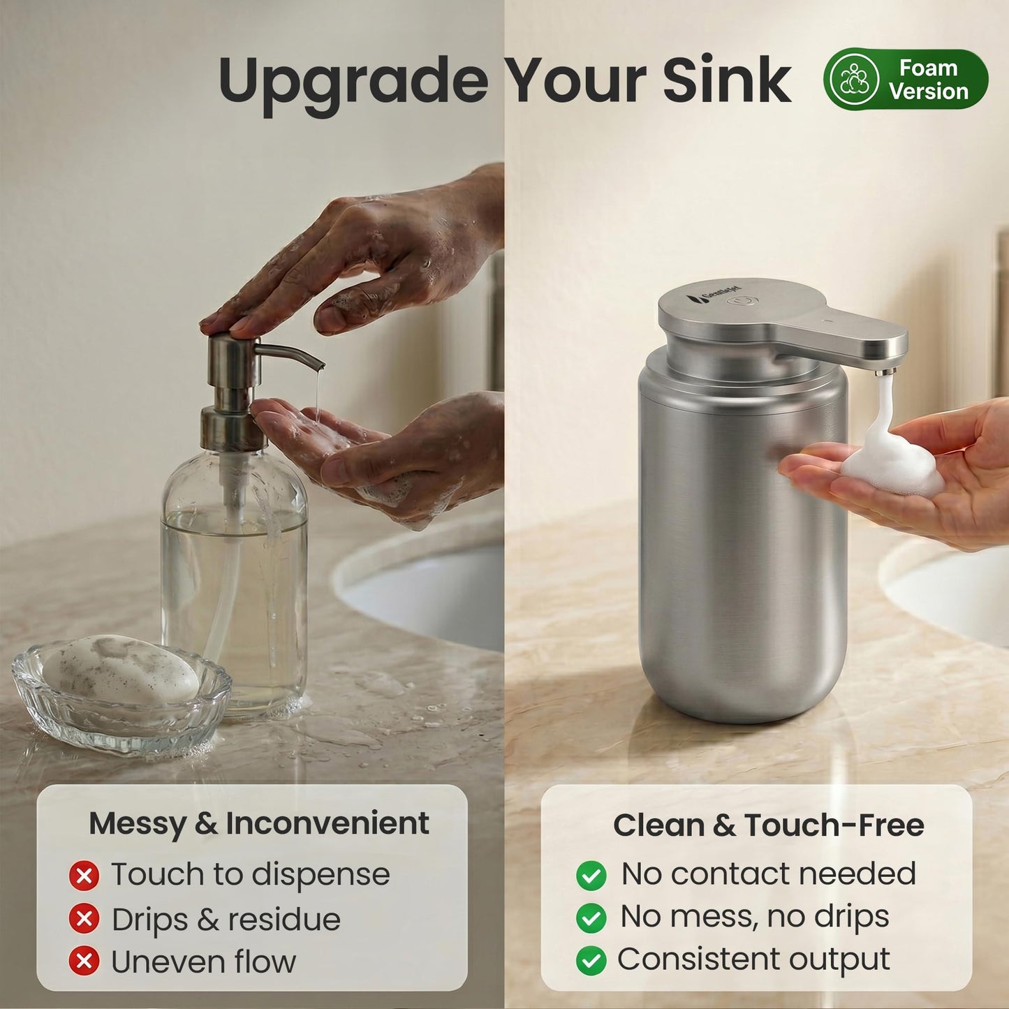 GentleJet WaveJet Automatic Foaming Soap Dispenser Touchless Sensor, USB-C Rechargeable, 304 Stainless Steel, IPX5 Waterproof for Bathroom Kitchen Sink, 12 oz / 350 ml