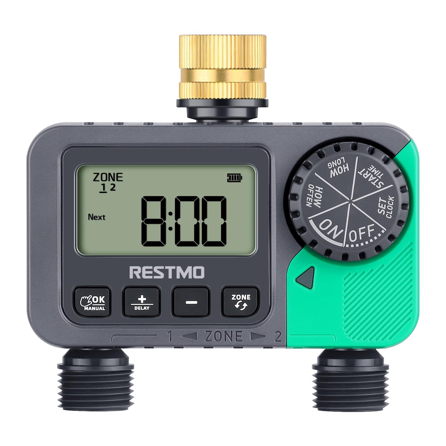 RESTMO Water Timer with Brass Inlet, Programmable Sprinkler Timer for Garden Hose, Automatic Digital Control | Manual ON/Off | Rain Delay, for Outdoor Faucet, Drip Irrigation and Lawn, 2 Outlet