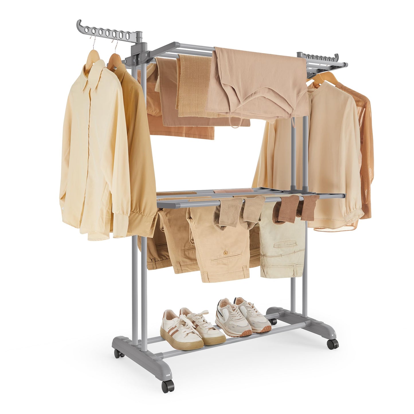 SONGMICS Clothes Drying Rack 3-Tier, Foldable Laundry Drying Rack 148 cm Tall, Steel, Rolling Clothes Horses, Laundry Hanger Dryer Airer, Indoor Outdoor Use, Dove Gray ULLR702G01