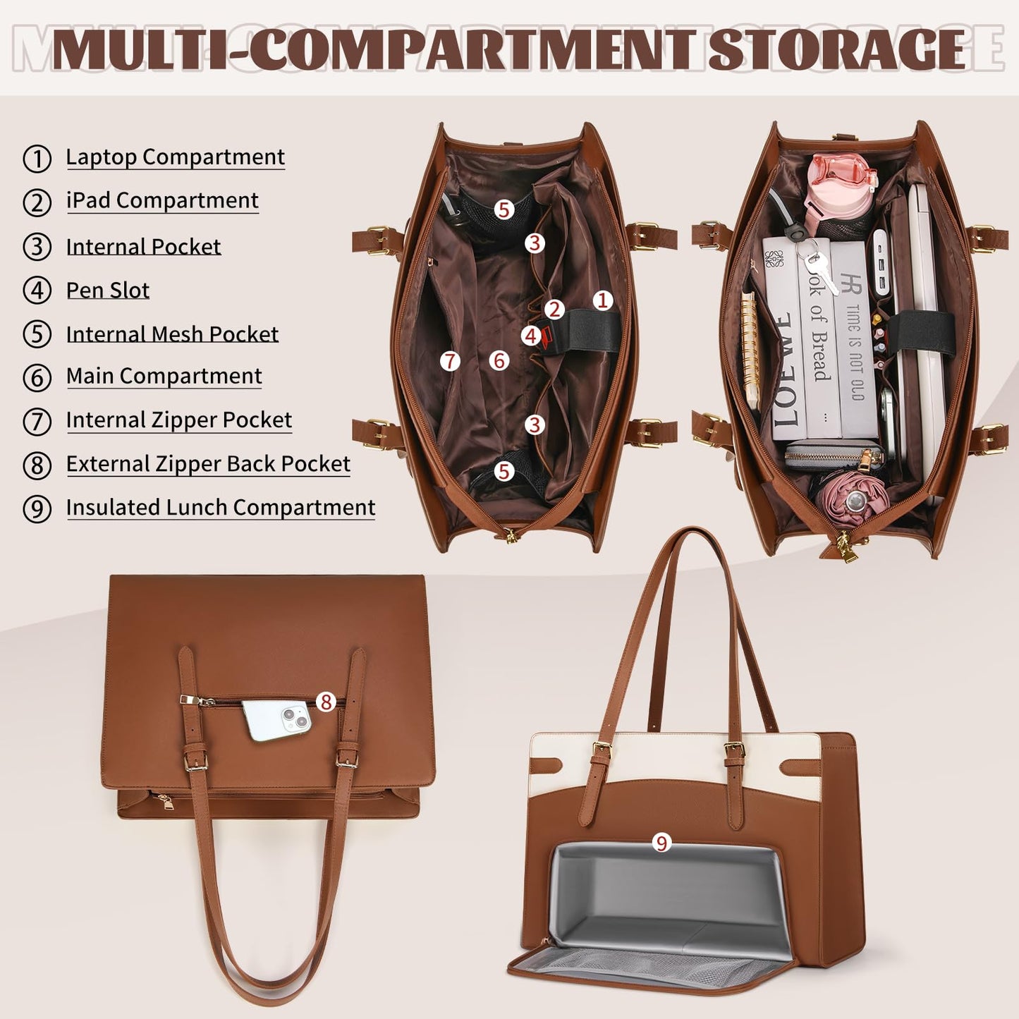 RAINSMORE Laptop Bags for Women with Lunch Compartment,Large Work Bag Women 15.6 inch Laptop Tote Bags for Women PU Leather Laptop Purse,Brown