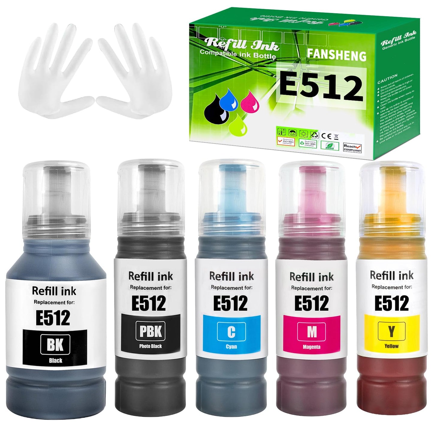 FANSHENG 512 Ink Compatible with Epson 512 Ink Refill Bottles for Ecotank ET-7700, ET-7750(5 Pack, 2 Black Cyan Magenat Yellow)