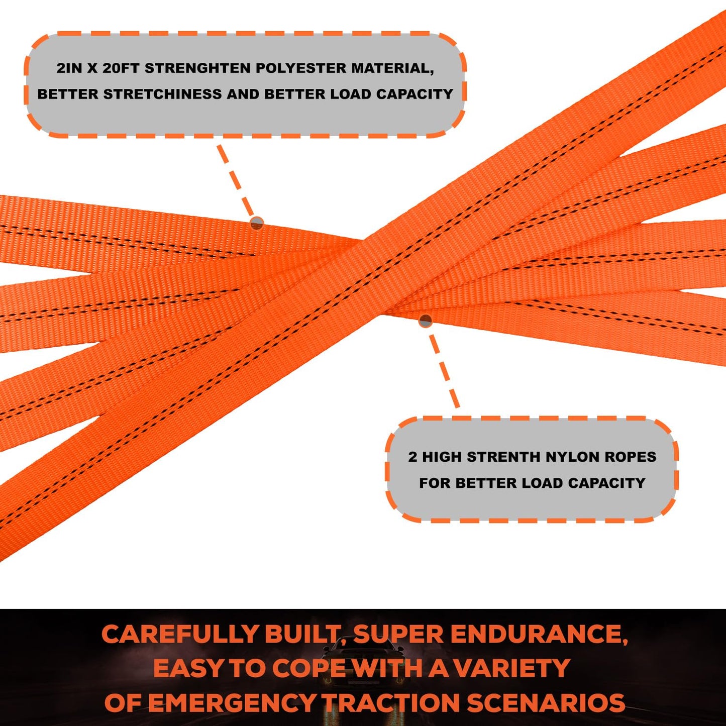 YUNPEAK Tow Strap with Hooks, 2" x 20ft (20,000lbs) Heavy Duty Emergency Recovery Towing Strap with Forged Steel Hooks, Car Tow Strap for UTV, ATV, Truck (Orange)