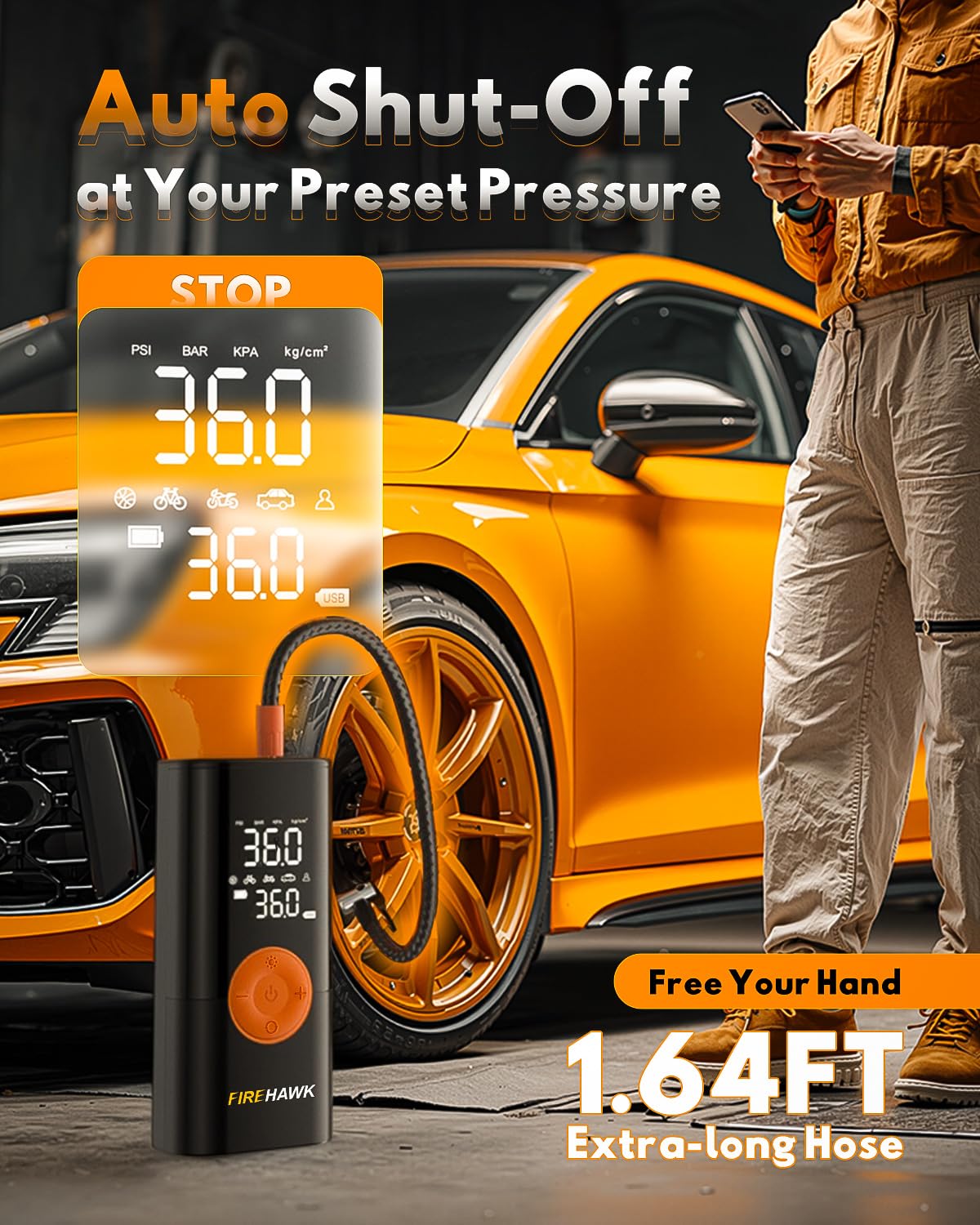 Firehawk Tire Inflator 6X Faster 1 MIN to Full Portable Air Compressor 150PSI Cordless Pump with 20000mAh Battery Digital Pressure Gauge LED Light for Car Bike Motorcycle Balls