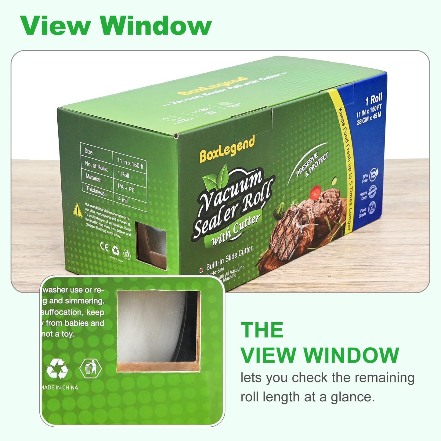 11’’ x 150’ Vacuum Sealer Roll Keeper with Cutter, Vacuum Sealer Bags for Food, Food Saver Bags Rolls, BPA Free, Commercial Grade, Great for Storage, Meal prep and Sous Vide