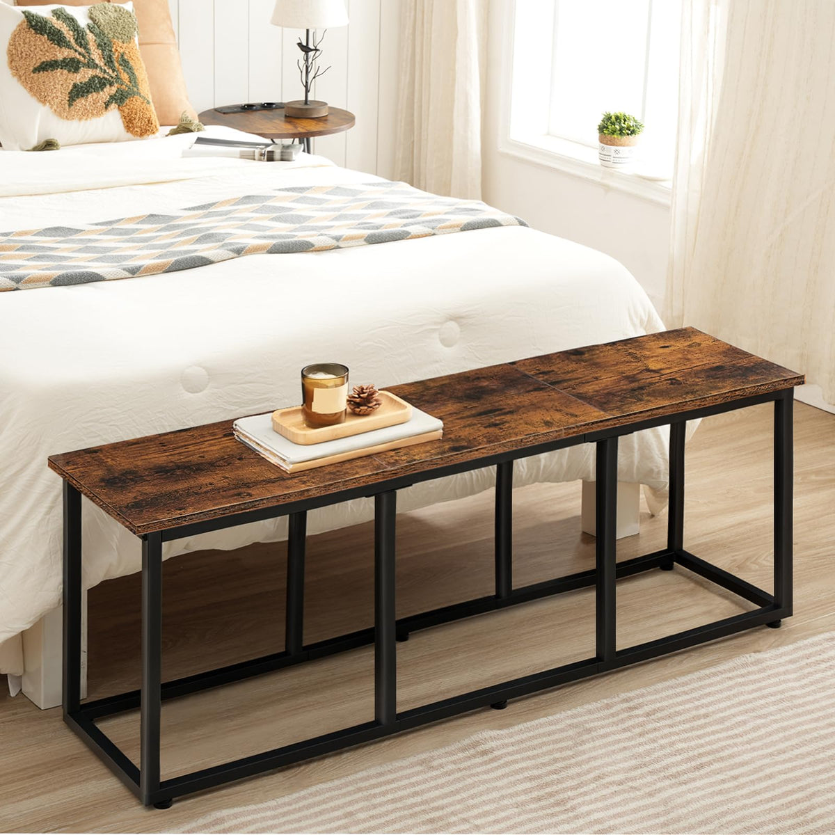 HOOBRO Dining Bench, 120 cm Dining Table Bench, Industrial Style Kitchen Bench, Steel Frame, Easy to Assemble, for Kitchen, Dining Room, Rustic Brown and Black BF45CD01