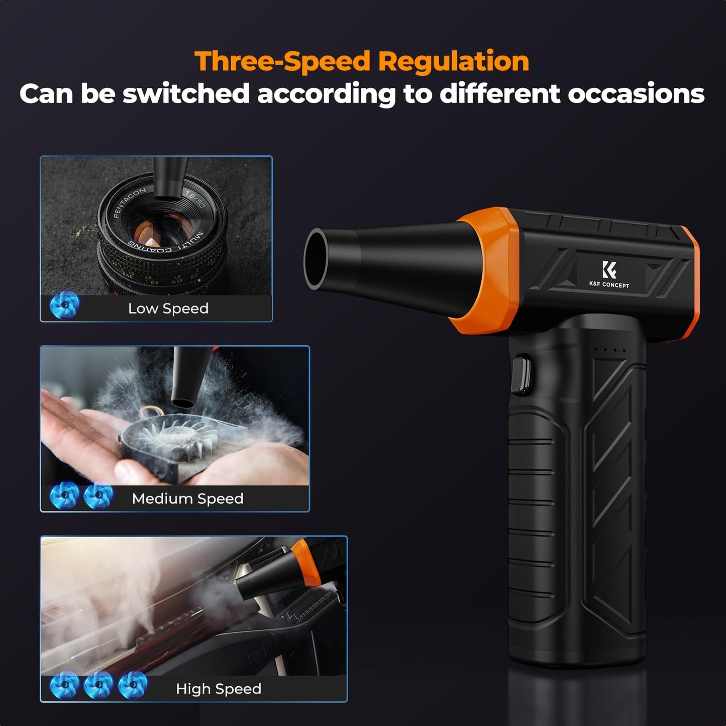 K&F CONCEPT Long-Lasting Compressed Air Duster, 8000mAh-150min Endurance | 150000RPM | LED Light | 3 Gear Adjustable | Rechargeable Brushless Motor for Computer, Keyboard, Car, Home, Outdoor