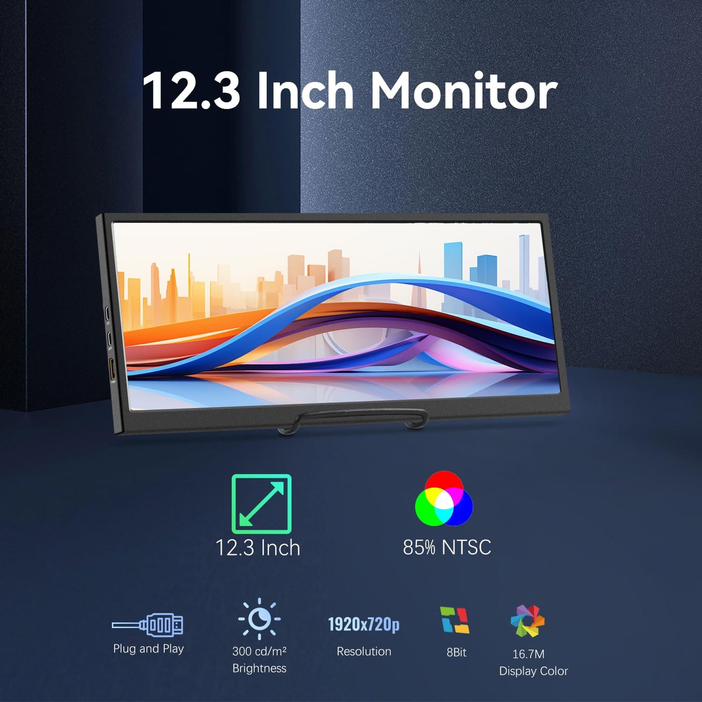 12.3 Inch Secondary Monitor, IPS Stretched Bar LCD Travel Display 1920 * 720 HDMI USBC, Mini Portable Monitor Metal Material for Laptop Computer Windows Aida64 GPU CPU RAM Monitoring,Built-in Speaker