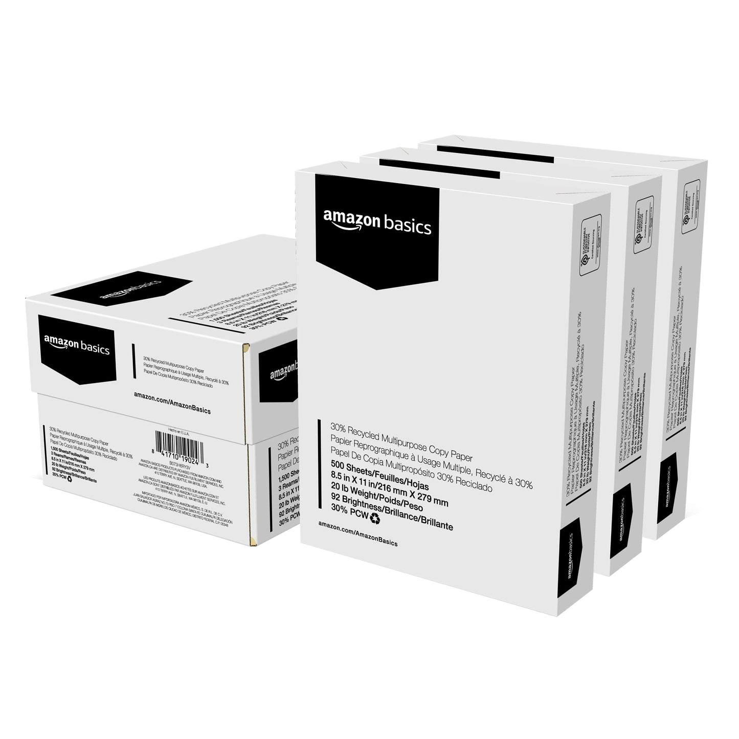 Amazon Basics 30% Recycled Multipurpose Copy Printer Paper, 8.5" x 11", 3 Reams, 1500 Count (Sheets), White