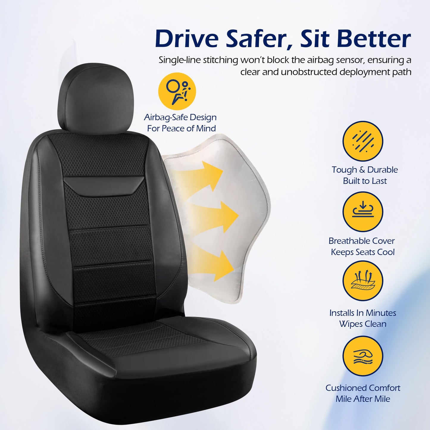 kingphenix 2 Pack Front Memory Foam Leather Car Seat Covers, Breathable 4D Mesh, Easy Install Automotive Seat Protectors, Airbag Compatible, Universal Fit for Cars, Trucks, Vans, SUV - Black