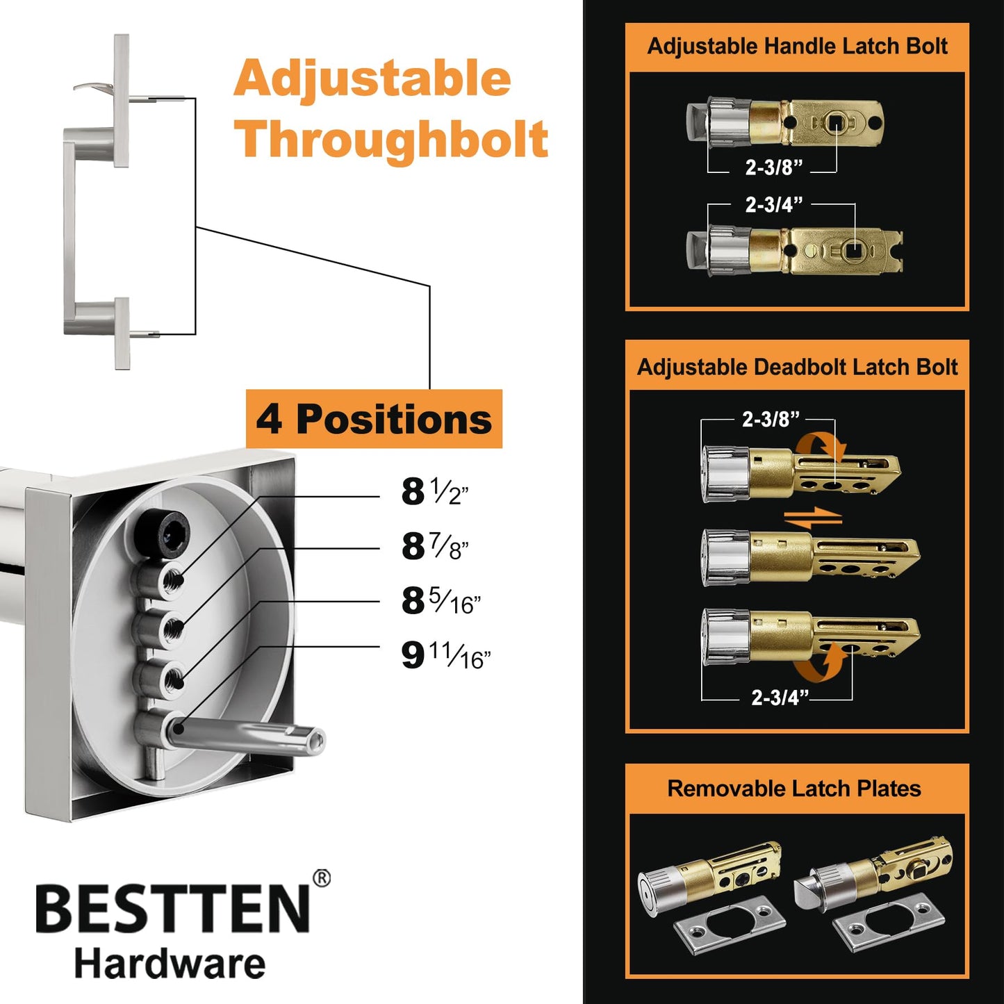 BESTTEN Square Front Door Entry Handle Set, Easy Install Adjustable Handle with Keyed Deadbolt Lock, All Metal Solid Construction in Stainless Nickel Finish